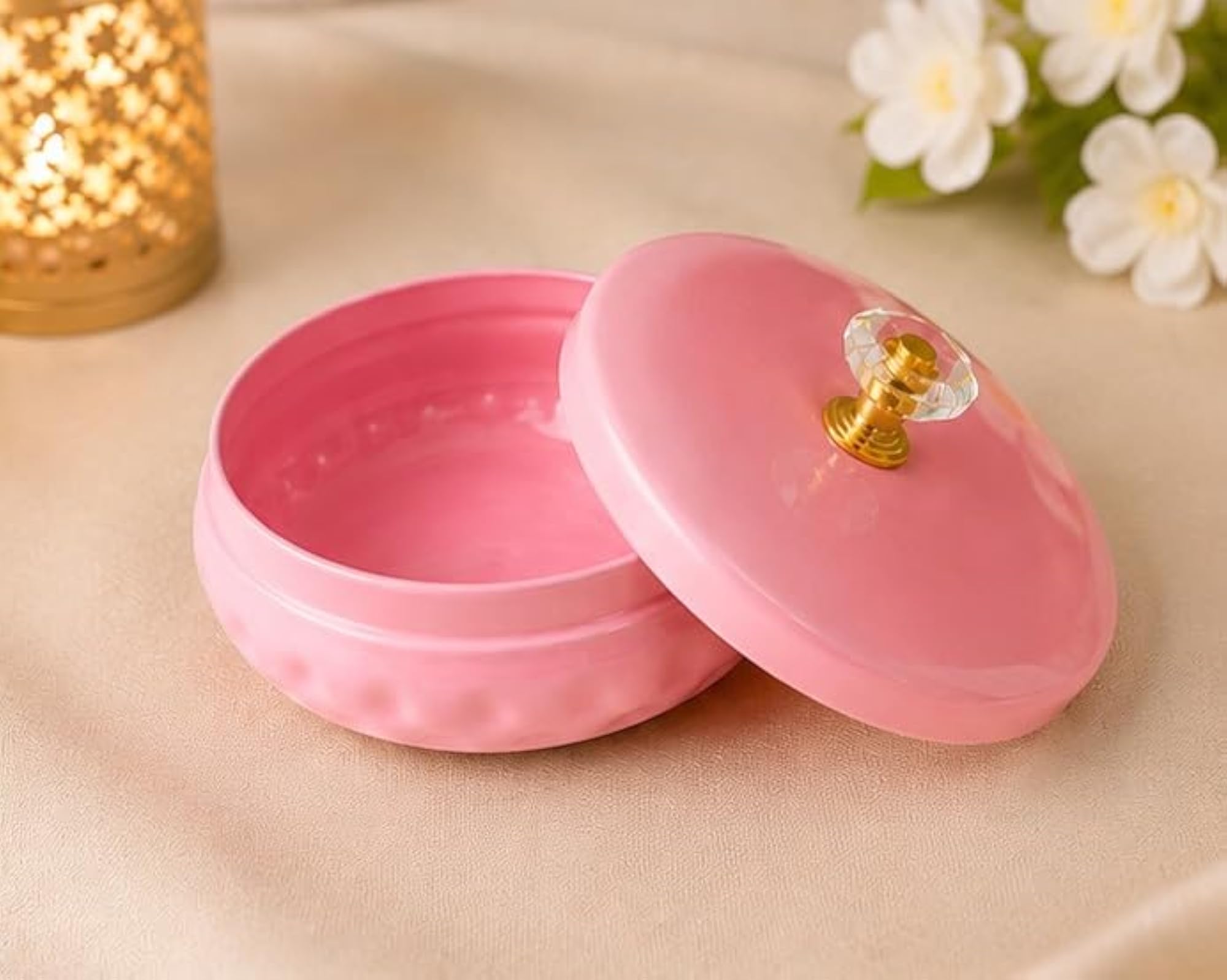 Pink Decorative Metal Jar with Crystal Knob Lid, 4 Inch
